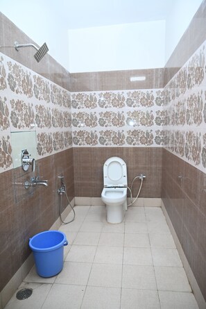 Shower, hair dryer, towels, toilet paper