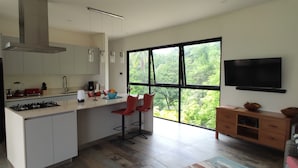 Cocina moderna con una isla grande, estufa a gas y horno empotrado. Hay un ventanal con vistas a zonas verdes.