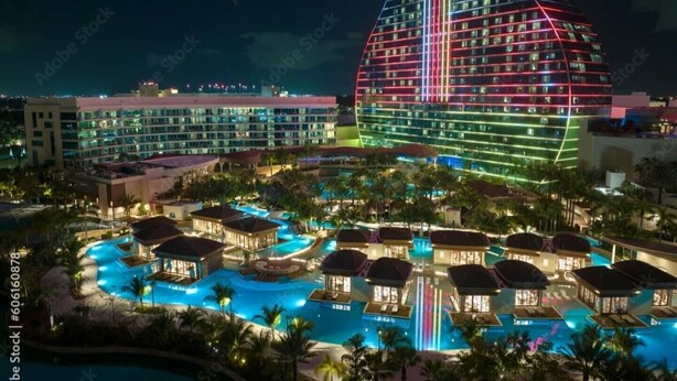 Un complexe hôtelier doté de plusieurs piscines, d’un grand bâtiment principal et de palmiers.