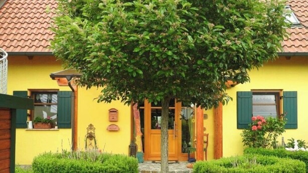 Um edifício amarelo com telhado de azulejos, porta de madeira e uma pequena árvore em frente.