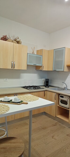 A modern kitchen with wooden cabinets, a gas stove, a sink, and a small oven.