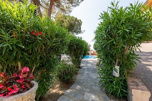 Ein Steinweg führt zu einem Pool, umgeben von üppiger Vegetation und einer Steinmauer.