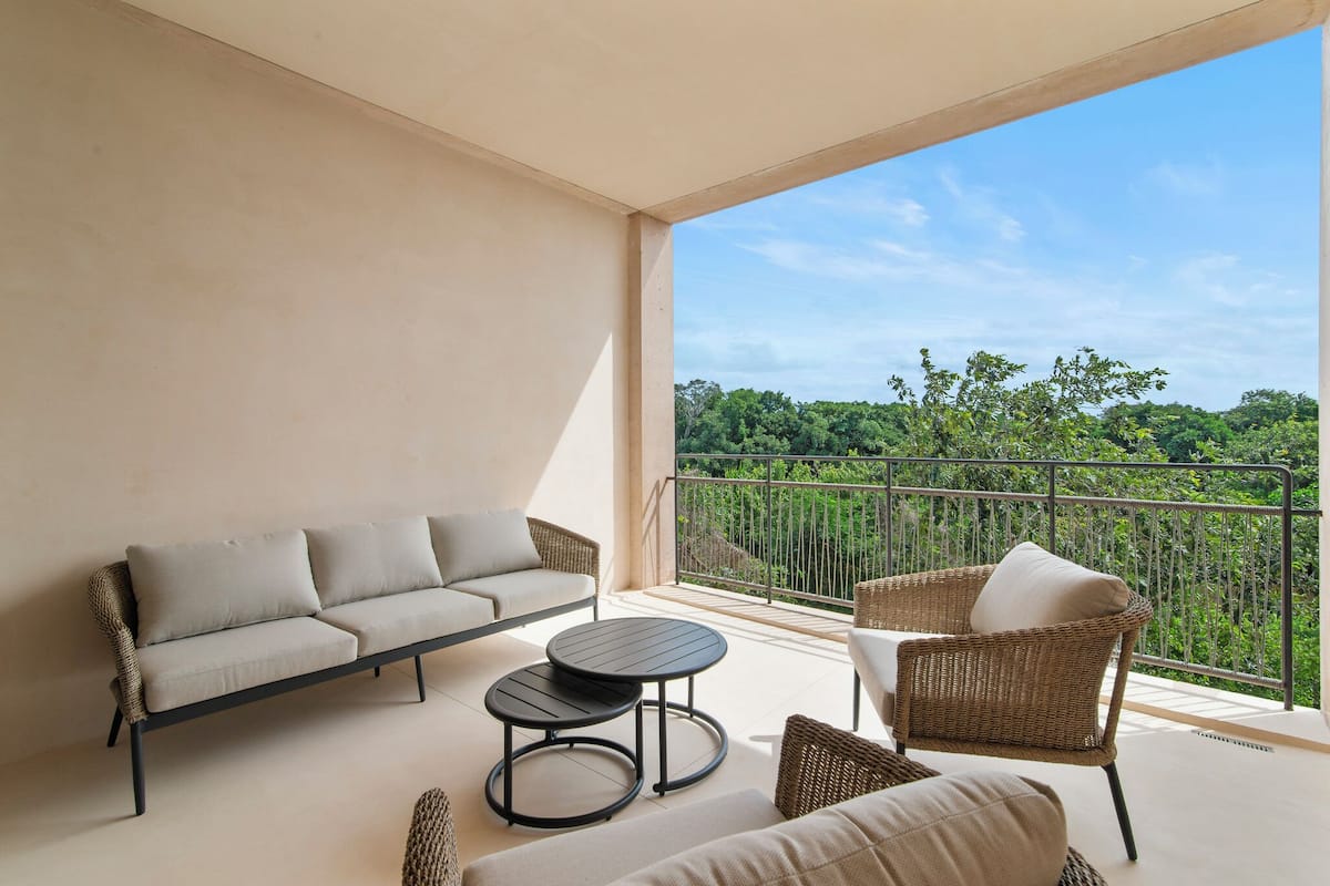 Deluxe appartement, 2 slaapkamers, terras, uitzicht op golfbaan | Terras