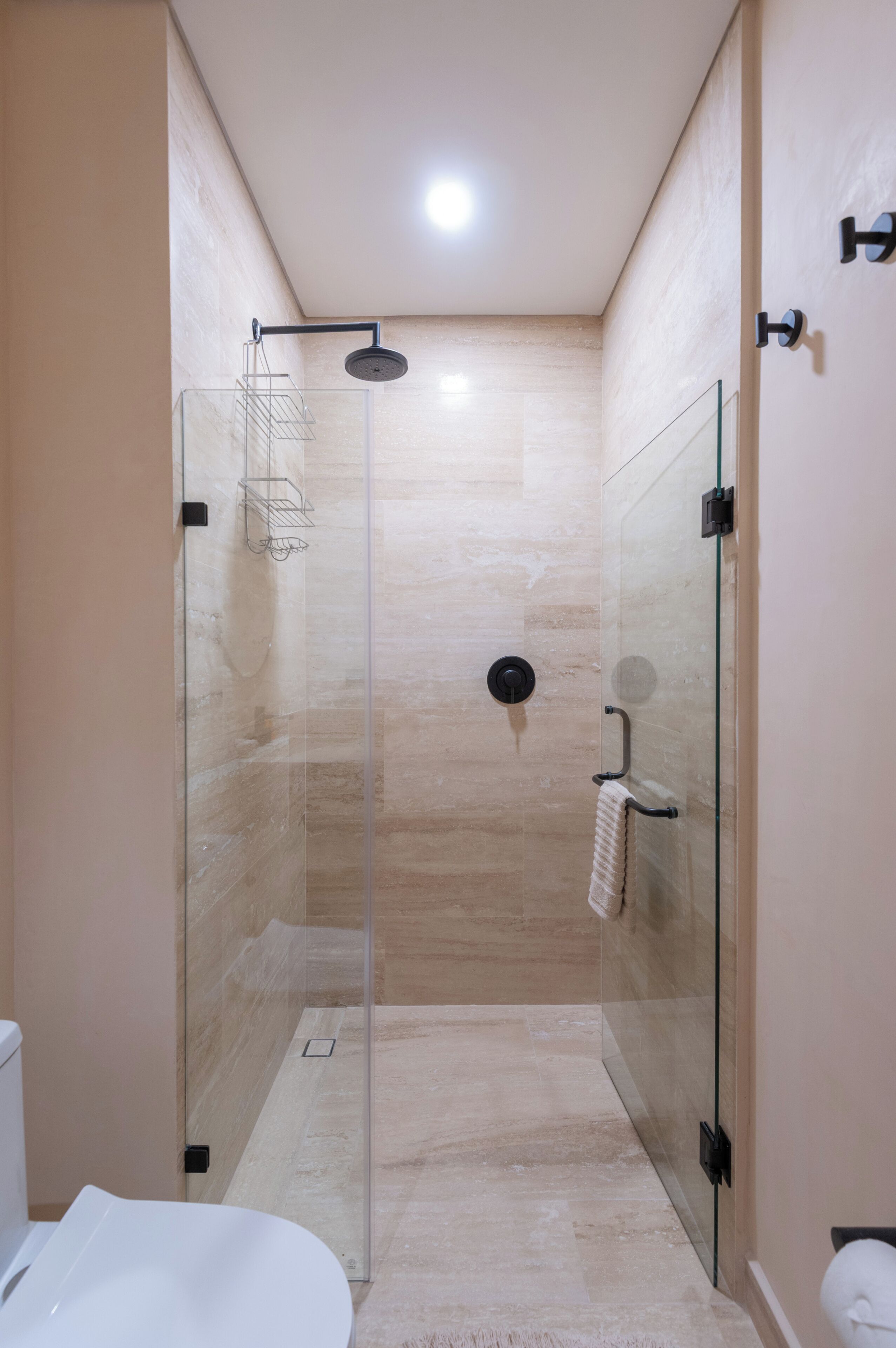 Une salle de bain moderne avec une douche à l’italienne, des toilettes blanches et une porte de douche en verre.