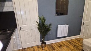Una habitación con piso de madera, una puerta blanca, un radiador, una planta en maceta y una cama.