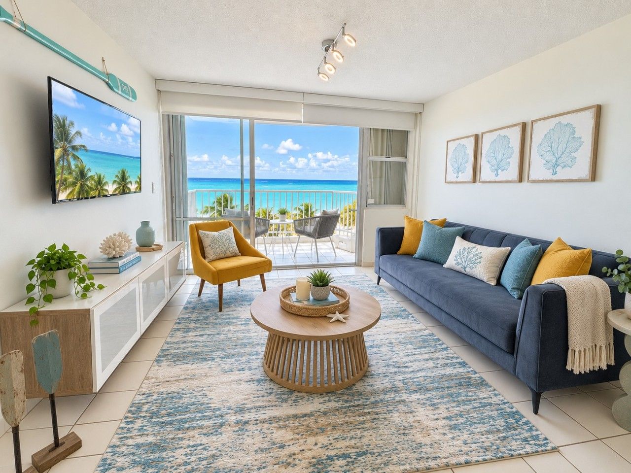 Una sala de estar con sofá, sillón, mesa de centro y vista al océano a través de amplias ventanas.