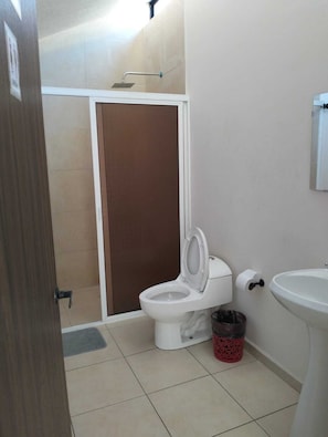 A bathroom with a toilet, a sink, and a shower. - Hotel Morelia Nova (Morelia)