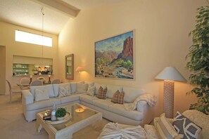 TV, fireplace, offices - Moutain and Fairway Views-Walk to Pool-V3986 (Palm Desert)