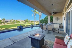 Outdoor dining - Home w pool, casitas|Lake, fairway, mountain views (Rancho Mirage)