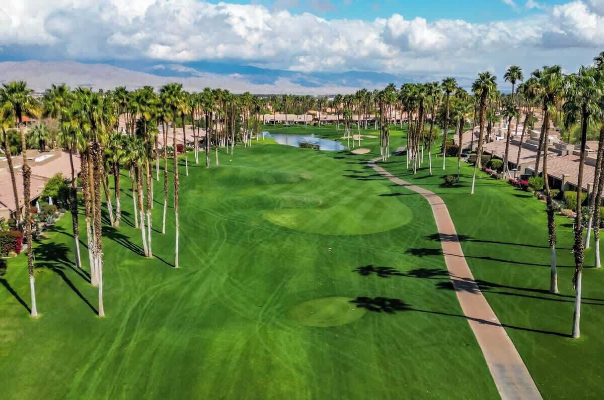 Um campo de golfe com palmeiras, um corpo d'água e um céu limpo.