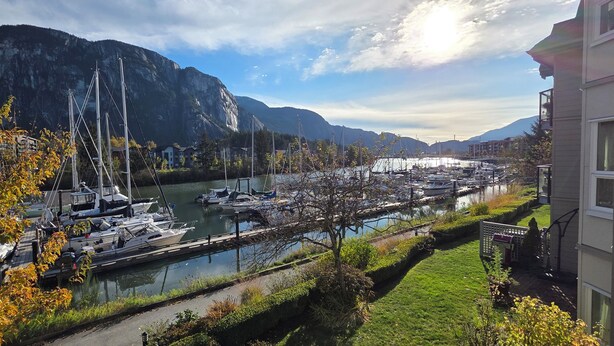 Un port de plaisance avec des bateaux amarrés, une rivière et des montagnes en arrière-plan.
