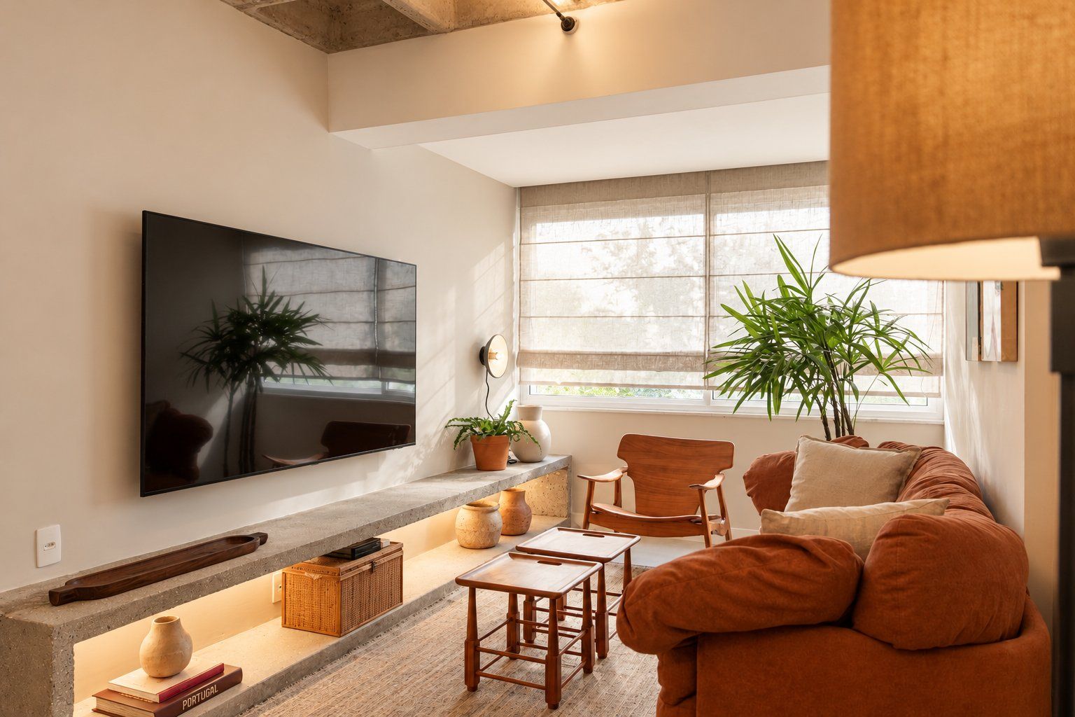 Een woonkamer met een flatscreen televisie aan de muur, een bank, een salontafel en twee stoelen. Op de vensterbank staan planten en rechts staat een lamp.