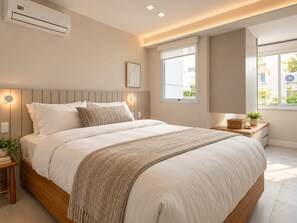A modern bedroom with a bed, bedside tables, a window, and an air conditioning unit. - Leblon | 3 Quartos, 2 min da Praia - por Casapē Rio (Rio de Janeiro)