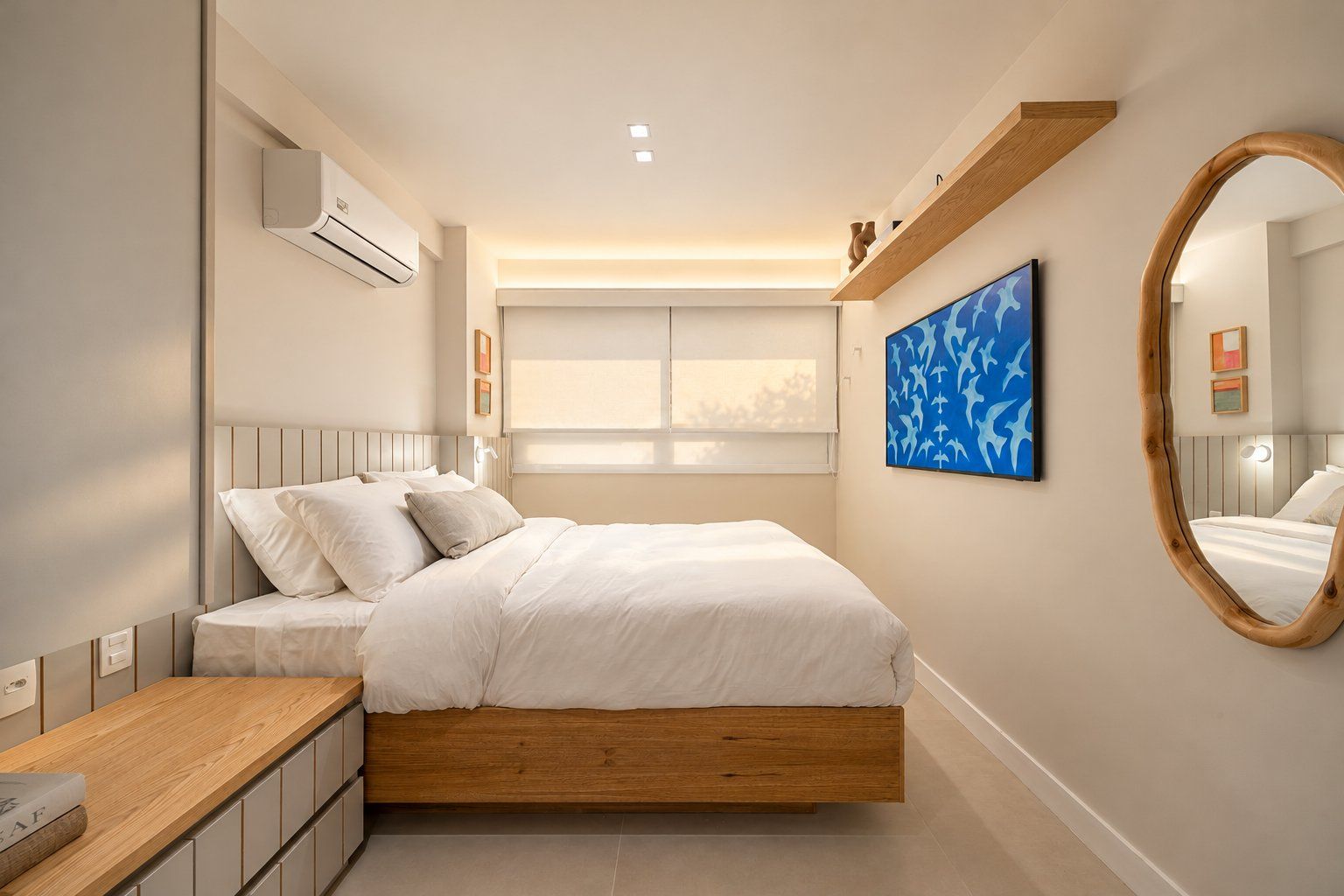 A modern bedroom with a bed, bedside tables, a window, and a wall-mounted air conditioner.