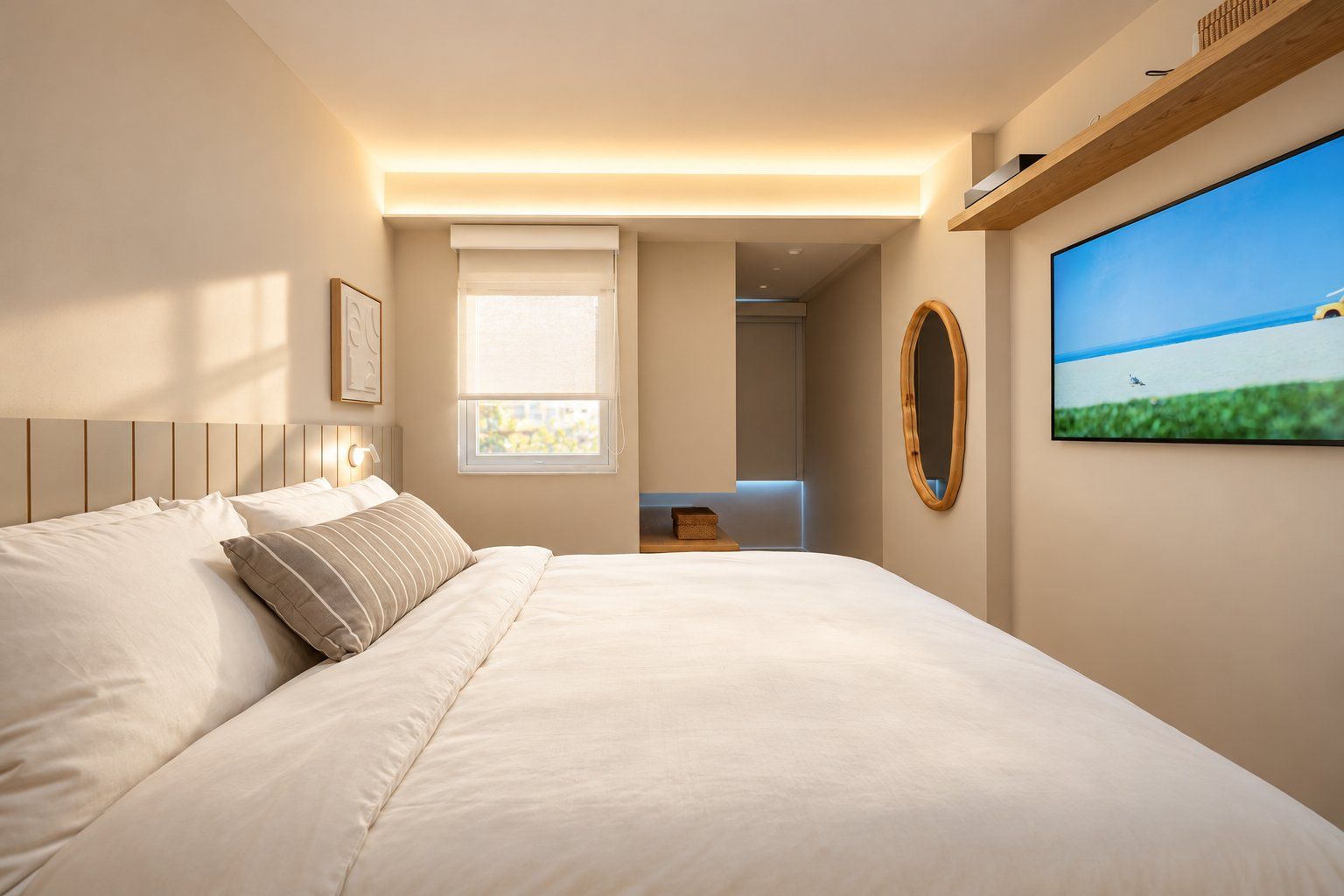 A hotel room with a large bed, a flat-screen TV on the wall, a window with blinds, and a door leading to a bathroom.