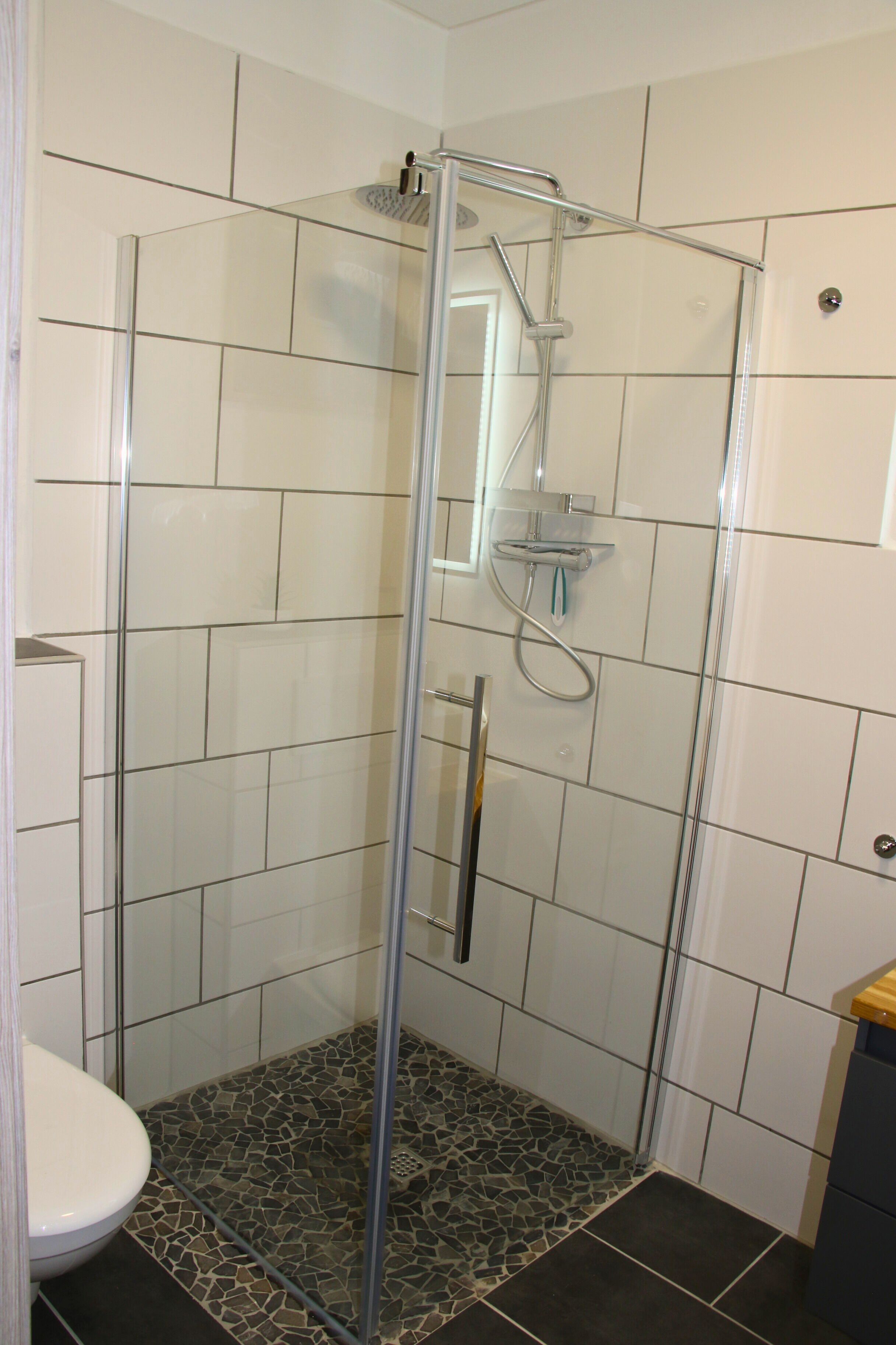Shower, towels, soap, toilet paper