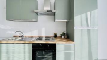 Deluxe-Apartment, Stadtblick | Eigene Küche | Großer Kühlschrank, Ofen, Herdplatte, Kochgeschirr/Geschirr/Besteck