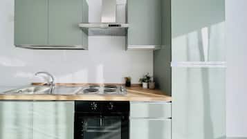 Estudi exclusiu, vistes a la ciutat | Cuina privada | Frigorífic gran, forn i placa de cuina