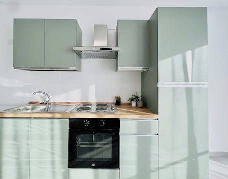 Refrigerador con freezer, horno, placa de cocina, utensilios de cocina. Sunshine Suites