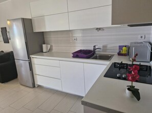 Kühlschrank, Mikrowelle, Herdplatte, Wasserkocher mit Kaffee-/Teezubehör
