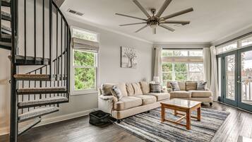 TV, fireplace, books