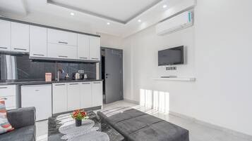 Deluxe Apartment | Private kitchen | Fridge, stovetop, cookware/dishes/utensils