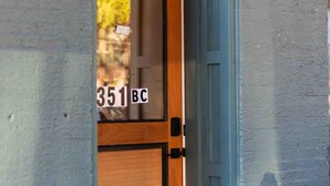 A wooden door with a glass panel and the number 351 BC.