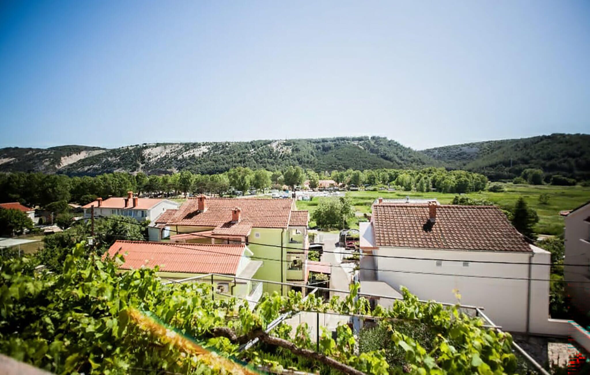 Área residencial com casas em socalcos, um vinhedo em primeiro plano e uma paisagem montanhosa ao fundo.