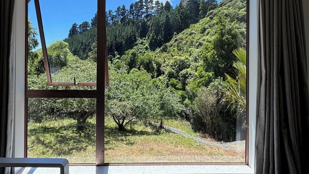 Une fenêtre donnant sur une colline verdoyante, parsemée d’arbres denses, et sur un ciel bleu dégagé.