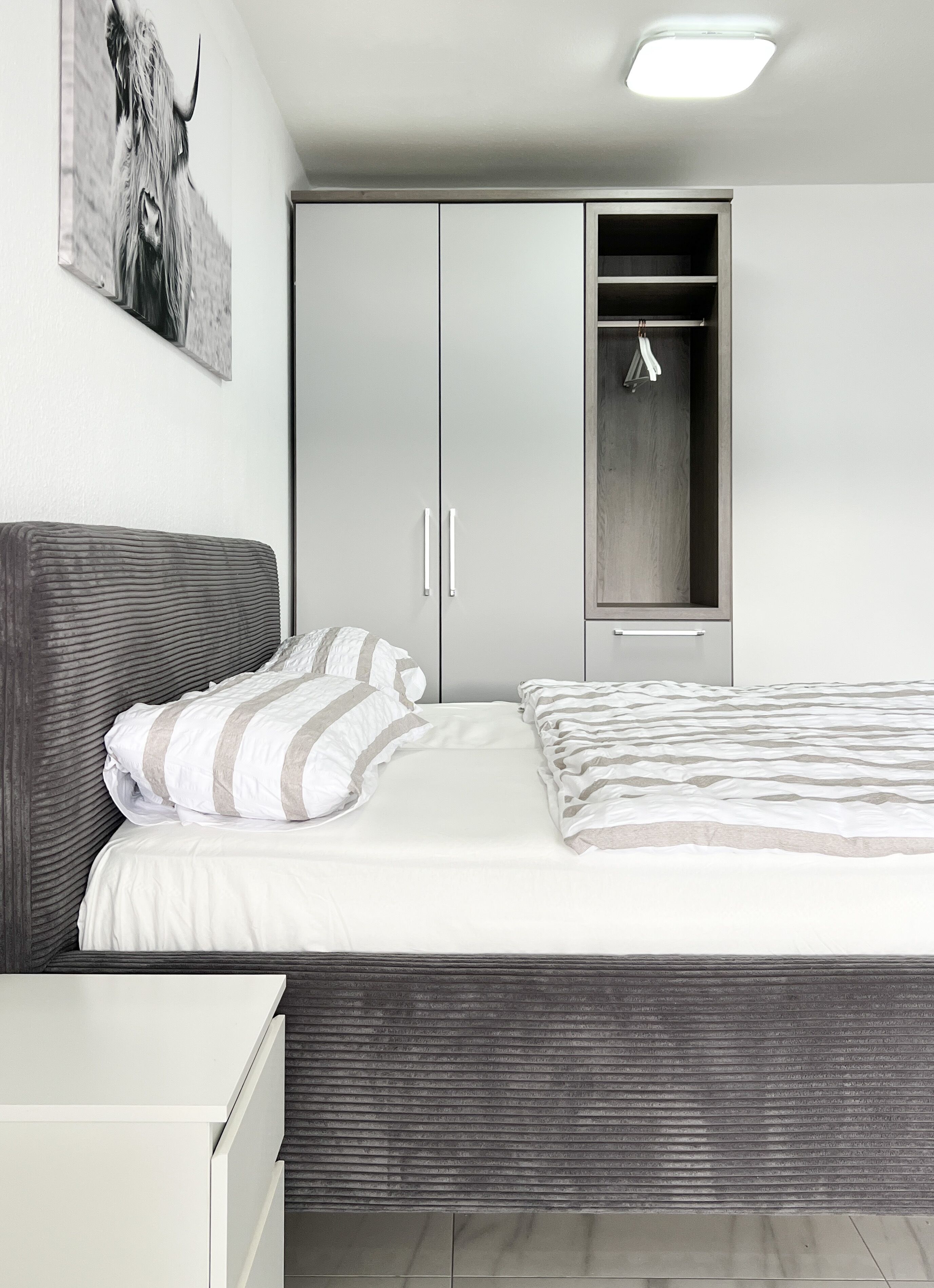 Una camera da letto moderna con un letto, un armadio e un guardaroba a muro.