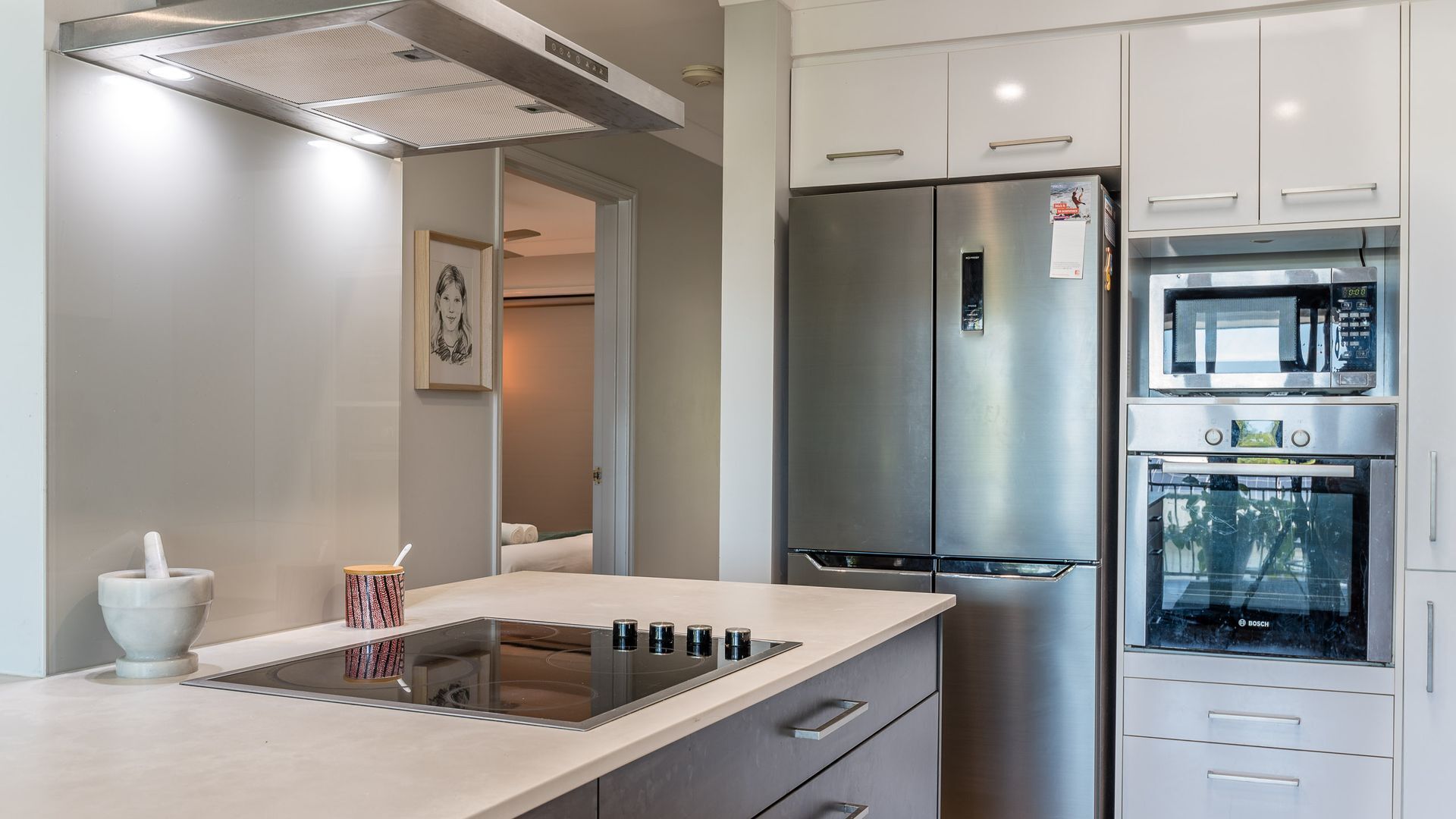 Fridge, microwave, oven, stovetop