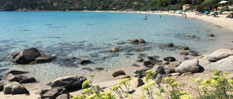 På stranden, solsenger og strandhåndklær