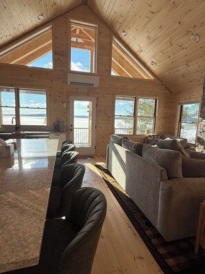 Smart TV, fireplace, books, stereo