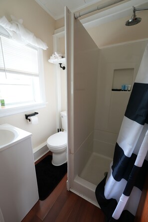 Regadera, secadora de cabello, toallas, jabón 