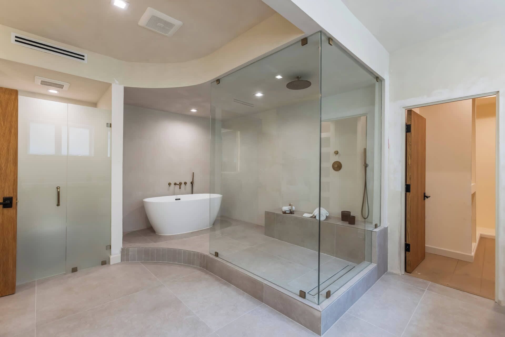 Shower, hair dryer, shampoo