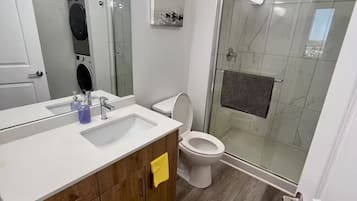 Shower, hair dryer, soap