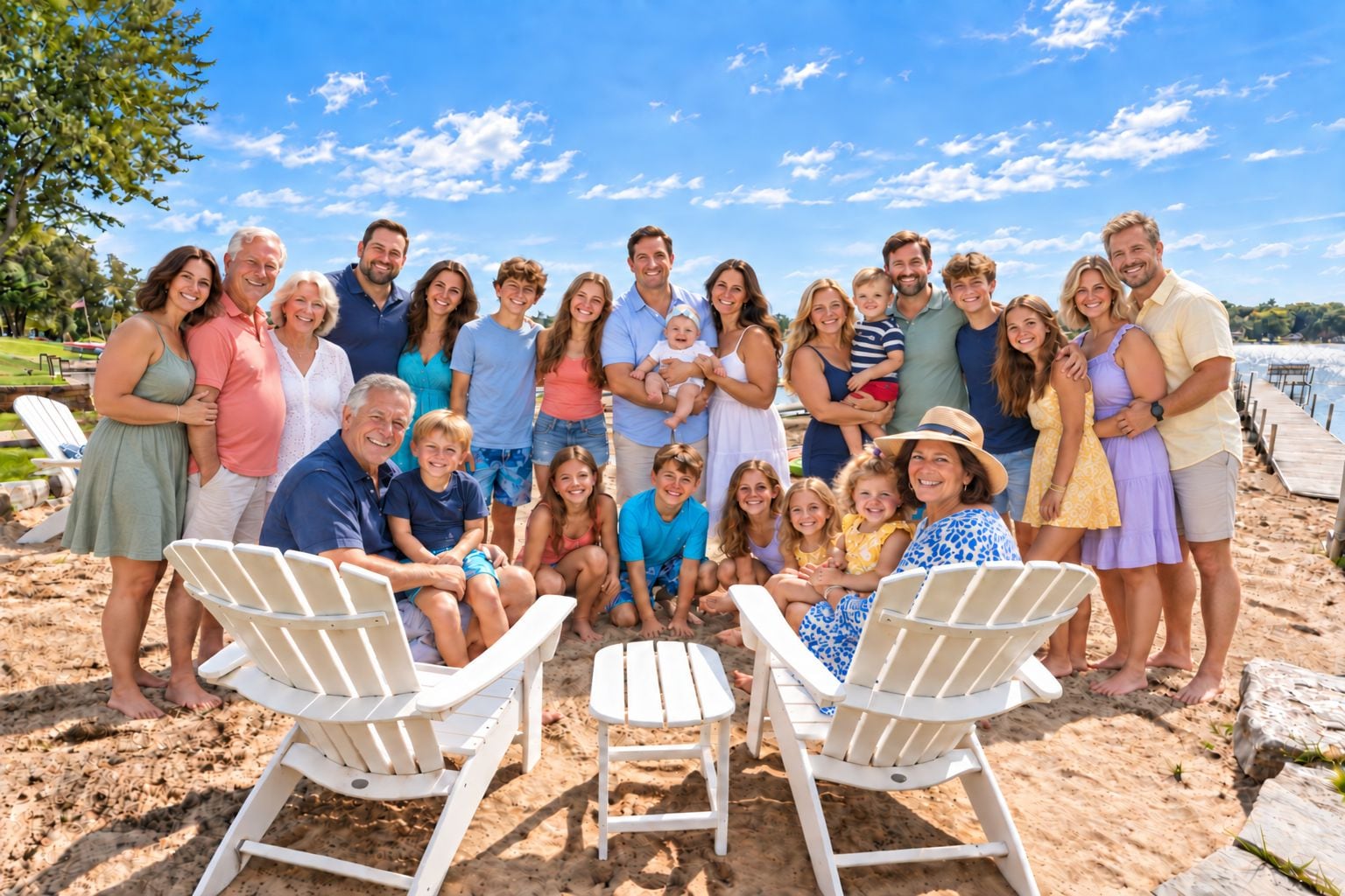 A group of people on a beach with white lounge chairs and a table.