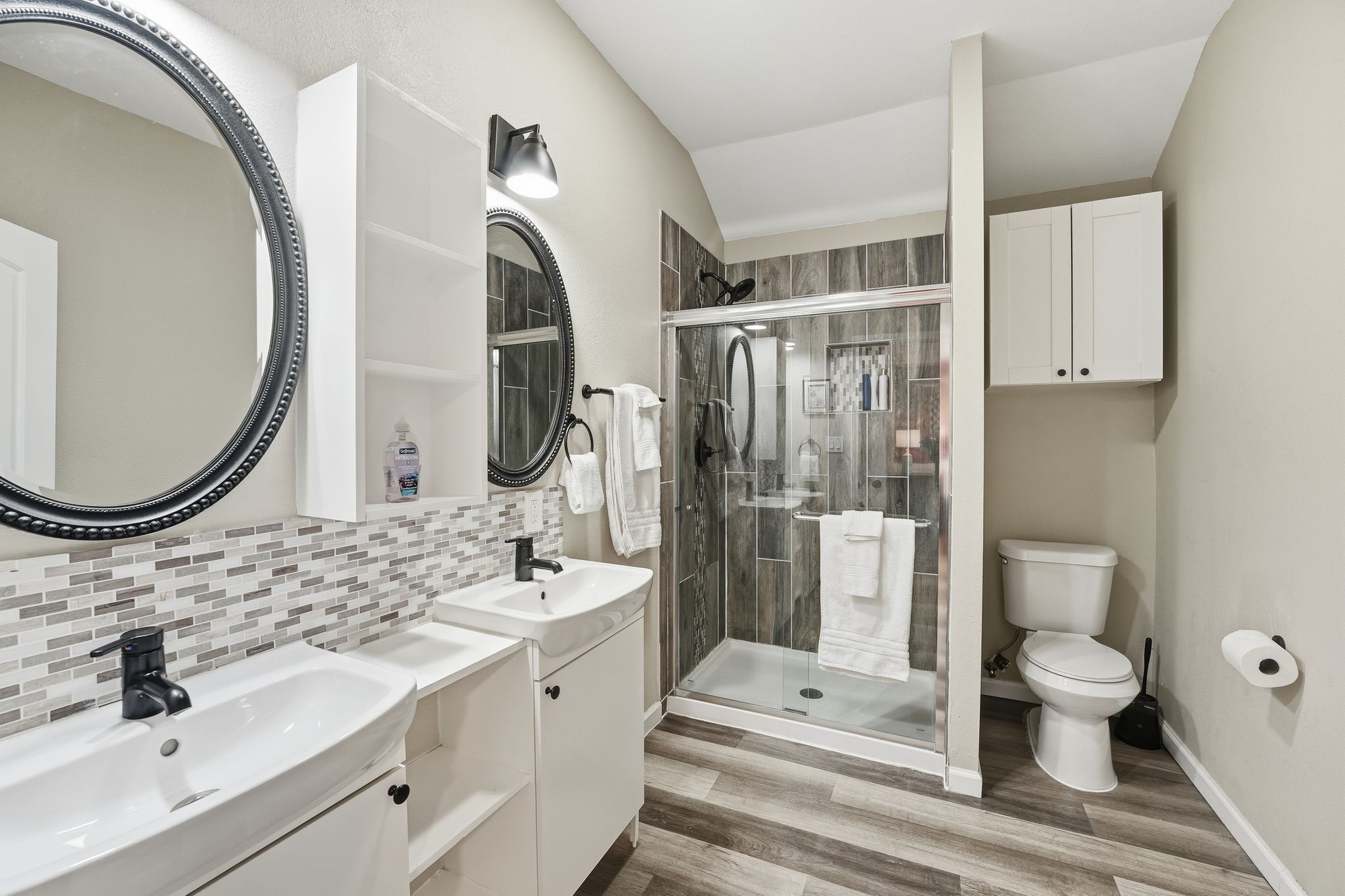 Hair dryer, towels, soap, shampoo
