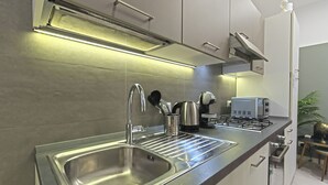 A modern kitchen with stainless steel appliances, a double sink, and a built-in range hood. - Paint Venice House (Venezia)