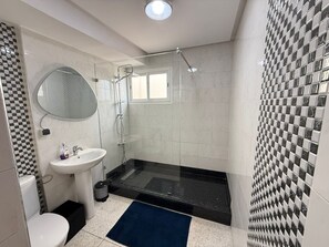 Shower, hair dryer, bidet, towels