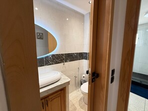 Shower, hair dryer, bidet, towels