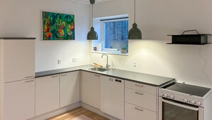 Moderni keittiö, jossa on valkoiset kaapit, ruostumattomasta teräksestä valmistettu allas, sisäänrakennettu uuni ja riippuvalaisimet.