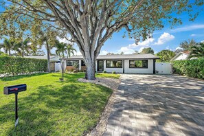 A modern house with a large tree in the front yard, a driveway, and a mailbox.
