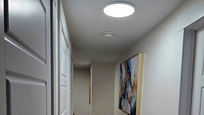 A hallway with white doors, a wooden floor, and a ceiling light.