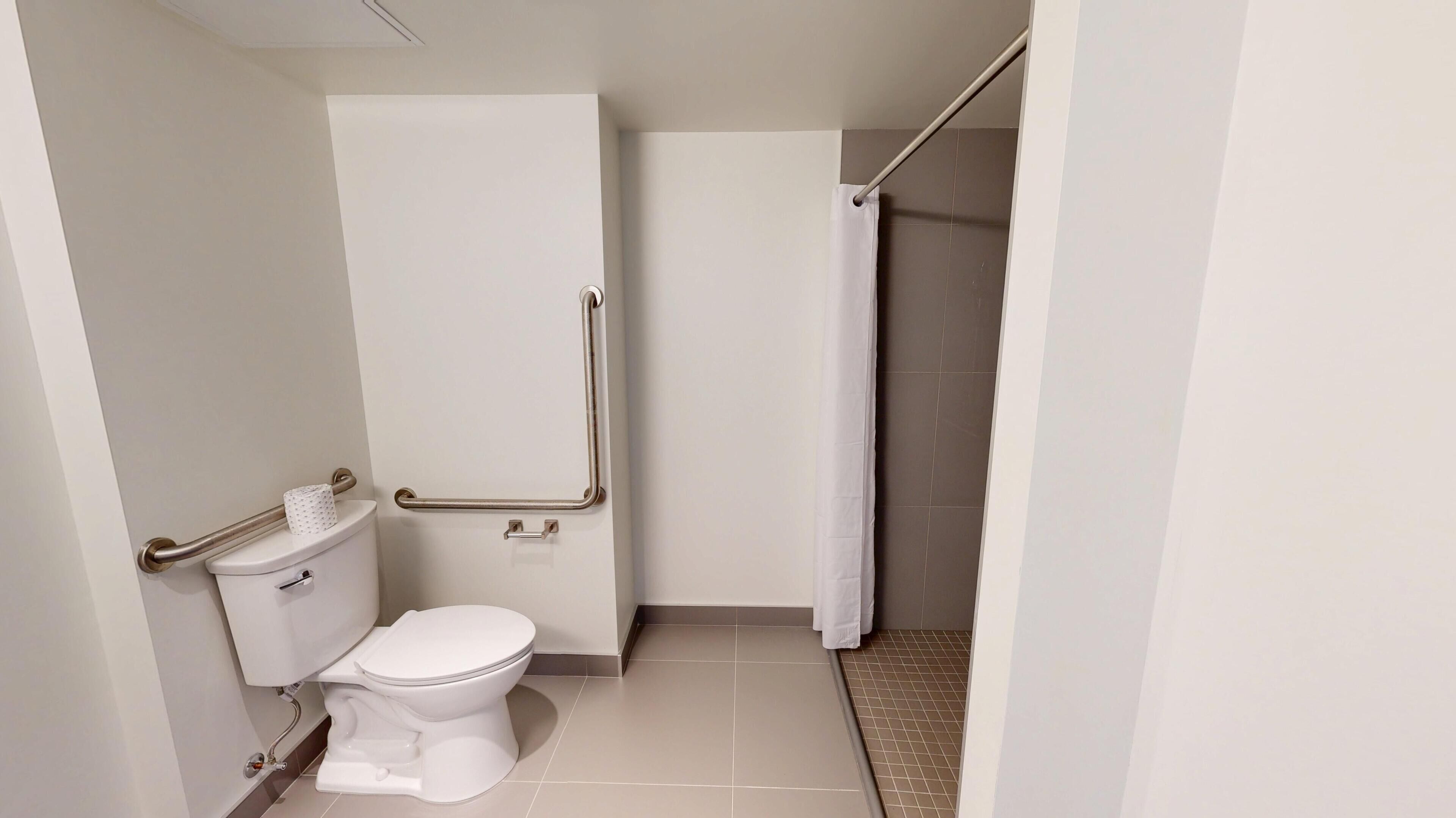 A bathroom with a toilet, a handrail, and a shower curtain.