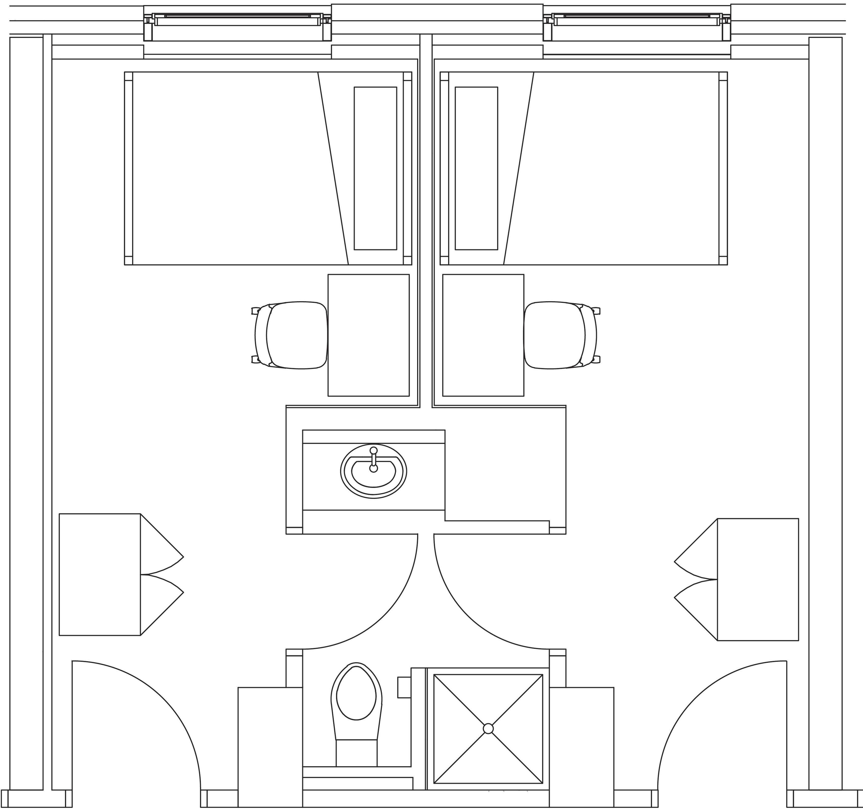 Een plattegrond toont twee ruime kamers, een centrale badkamer en een zithoek met een ronde tafel.