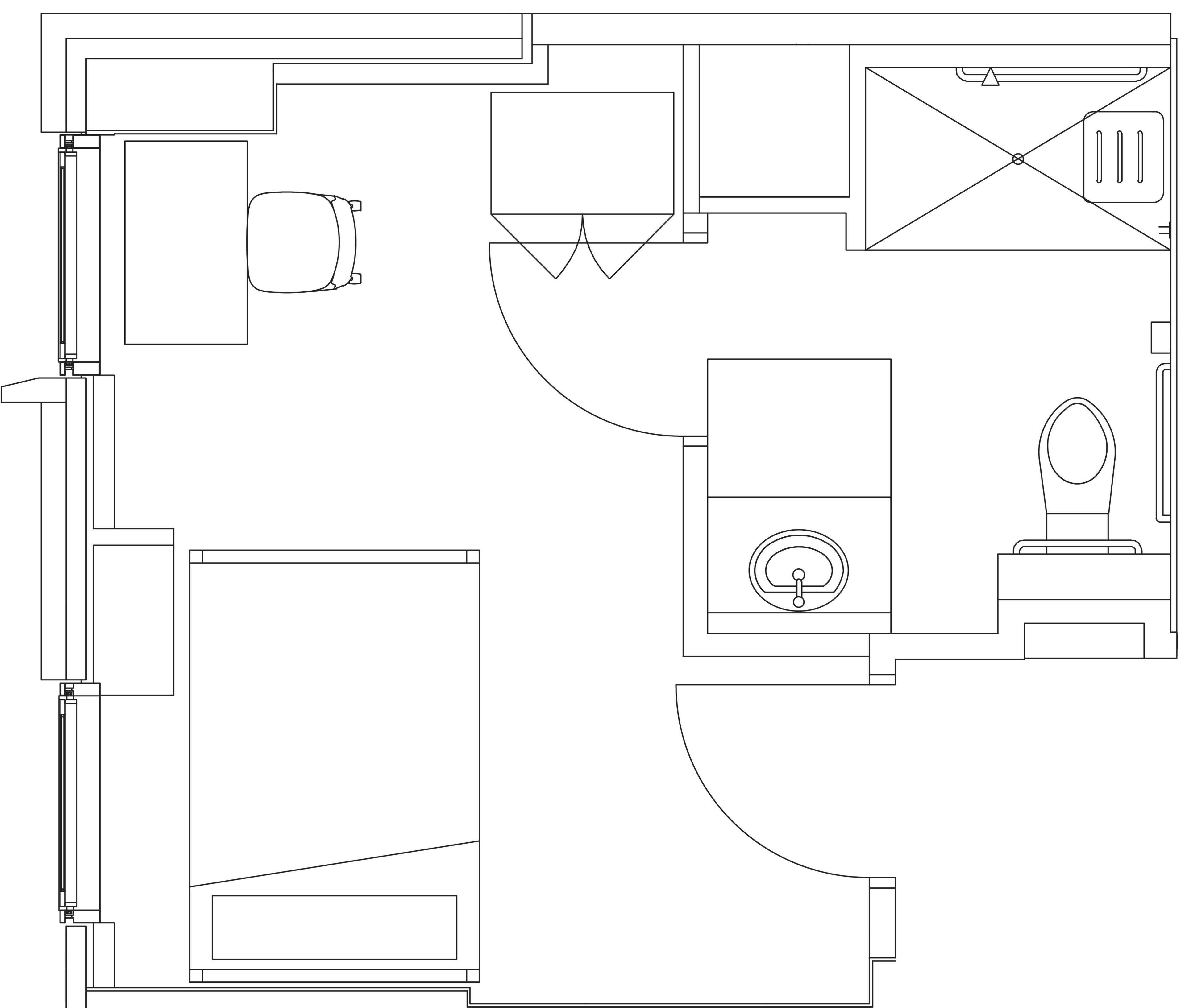 Een plattegrond met een keuken, een eetgedeelte en een badkamer.