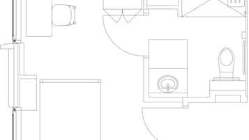 Een plattegrond met een keuken, een eetgedeelte en een badkamer.