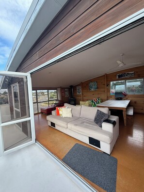 Smart TV, fireplace, ping pong, books