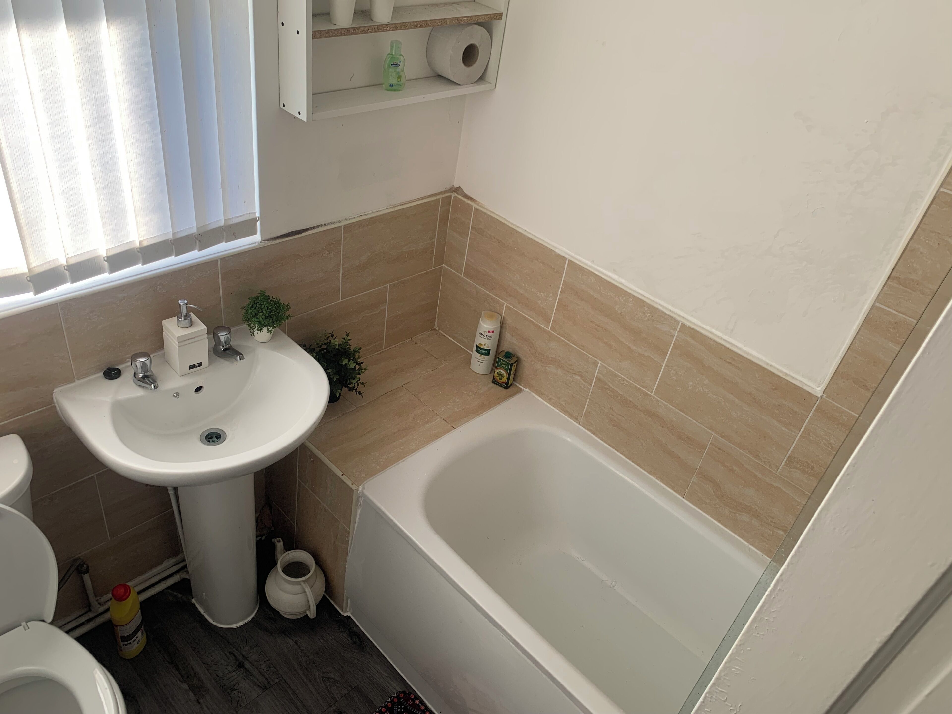 Un baño con lavamanos, inodoro y bañera. Hay artículos de aseo en el lavamanos y una pequeña planta en la encimera.